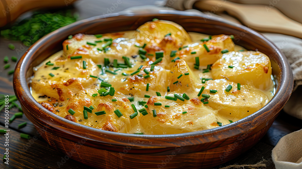golden potatoes in a creamy cheese sauce, with chives sprinkled on top. golden potatoes in a creamy cheese sauce, with chives sprinkled on top.