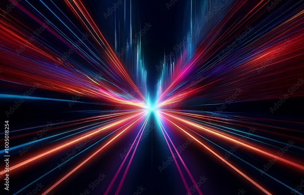 Abstract image of colorful glowing lines converging to a bright light. Abstract image of colorful glowing lines converging to a bright light.