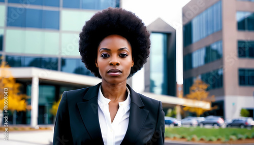 Portrait of a beautiful black afro american woman in suit outdoors with a blurry business center in backdrop, created with generative A.I