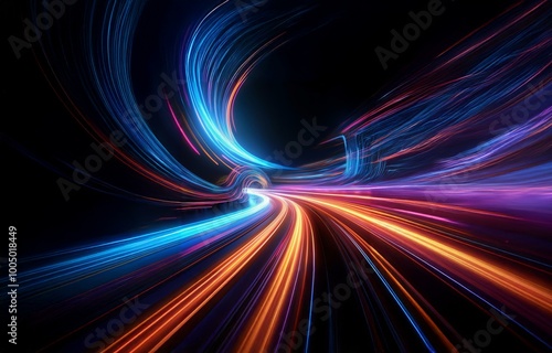 Abstract digital art with colorful light streaks in a dark background.