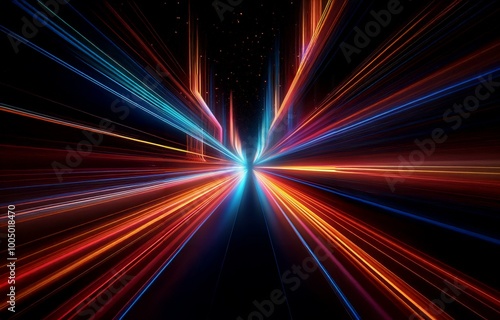 Abstract image of colorful light streaks converging in a central point, appearing as a tunnel or vortex.
