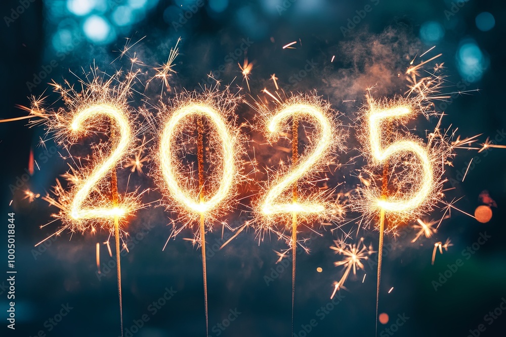 Celebratory display of sparkling fireworks forming the year 2025 at night in a festive outdoor setting. Generative AI Celebratory display of sparkling fireworks forming the year 2025 at night in a festive outdoor setting. Generative AI