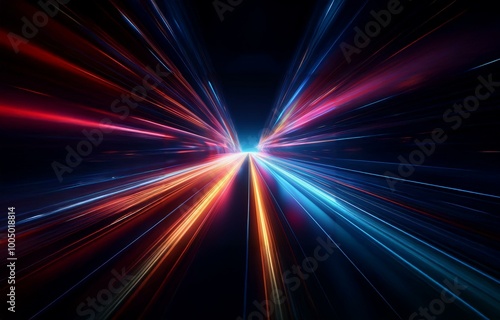 Abstract streaks of red, blue, and orange light radiate outward from a central point in a dark background.