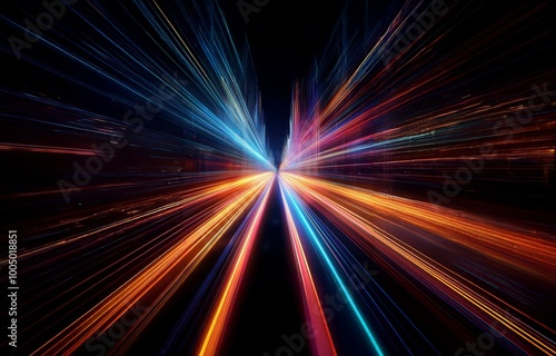 Abstract image of glowing lines of blue, red, and orange radiating from a central point, creating a sense of speed and movement.