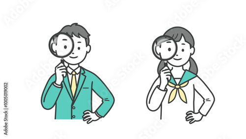 虫眼鏡を持つ男女の学生の上半身イラスト