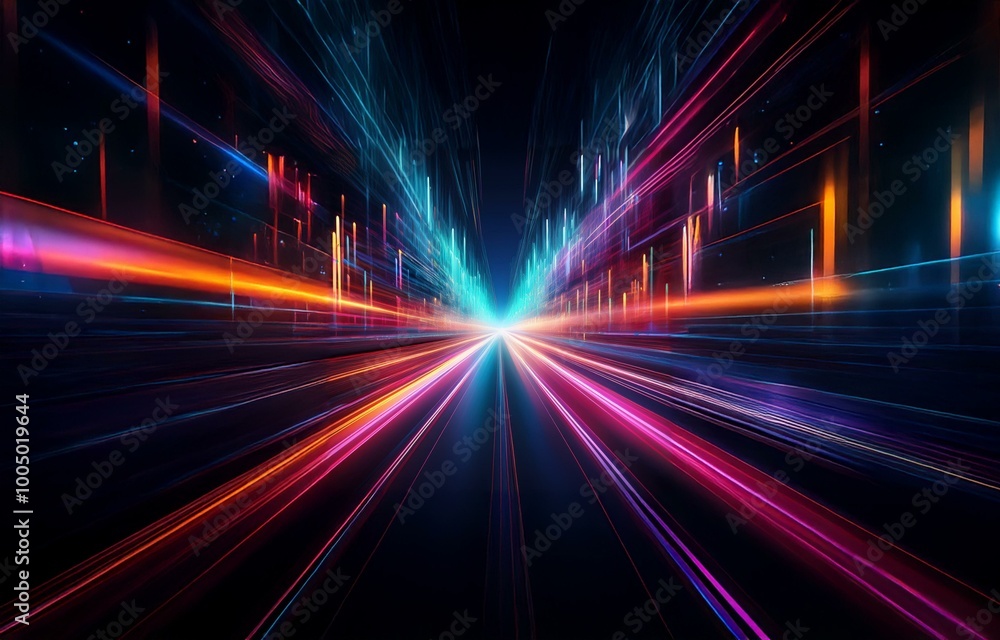 A dark background with neon colored light streaks radiating from a central vanishing point. A dark background with neon colored light streaks radiating from a central vanishing point.