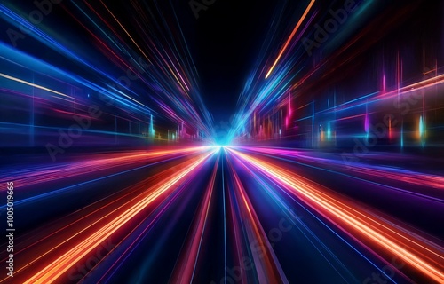 Abstract colorful lines converge in the center creating a glowing, futuristic tunnel.