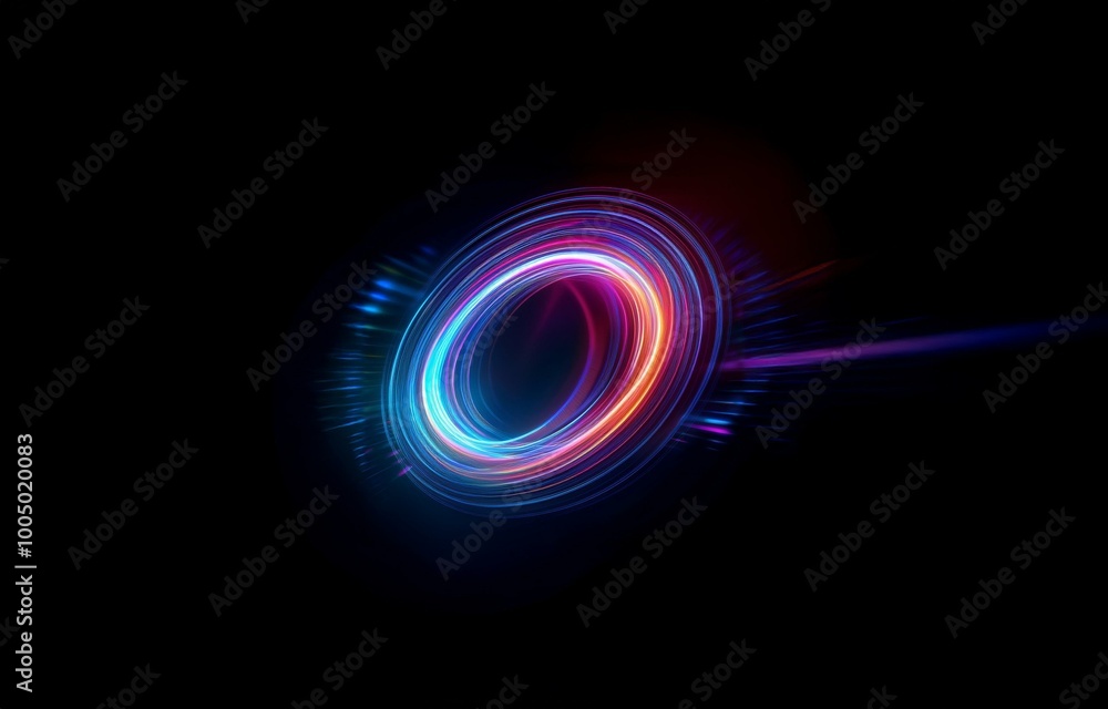 A bright blue, red, and pink neon ring shaped light on a black background. A bright blue, red, and pink neon ring shaped light on a black background.