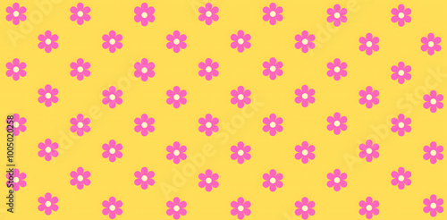 Seamless small pink floral pattern with yellow background