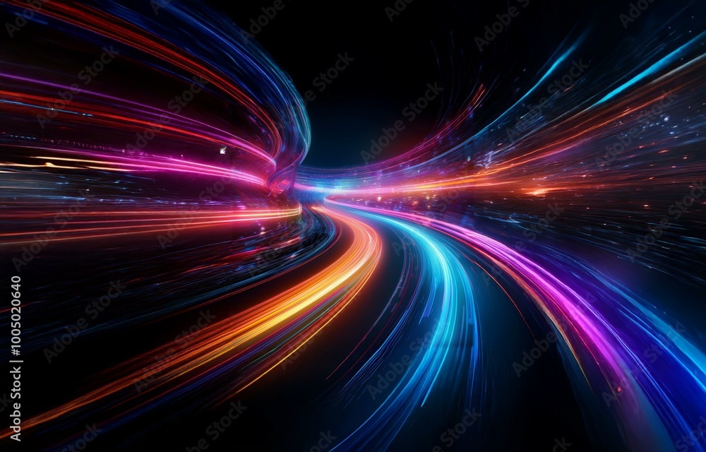 Obraz premium Abstract, colorful, glowing, light streaks curve through a black background.
