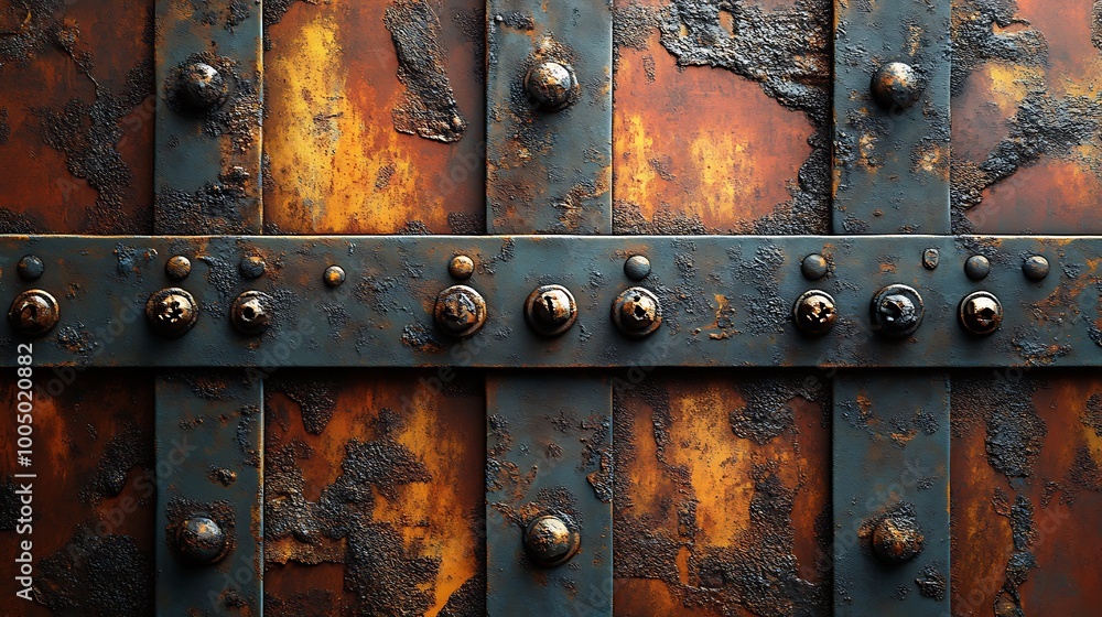 Rusty metal texture with rivets and iron strips. Grunge, industrial, steampunk background. Rusty metal texture with rivets and iron strips. Grunge, industrial, steampunk background.