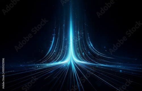 A blue light beam rises from a dark background, with streaks of light radiating outwards, creating a sense of energy and movement.