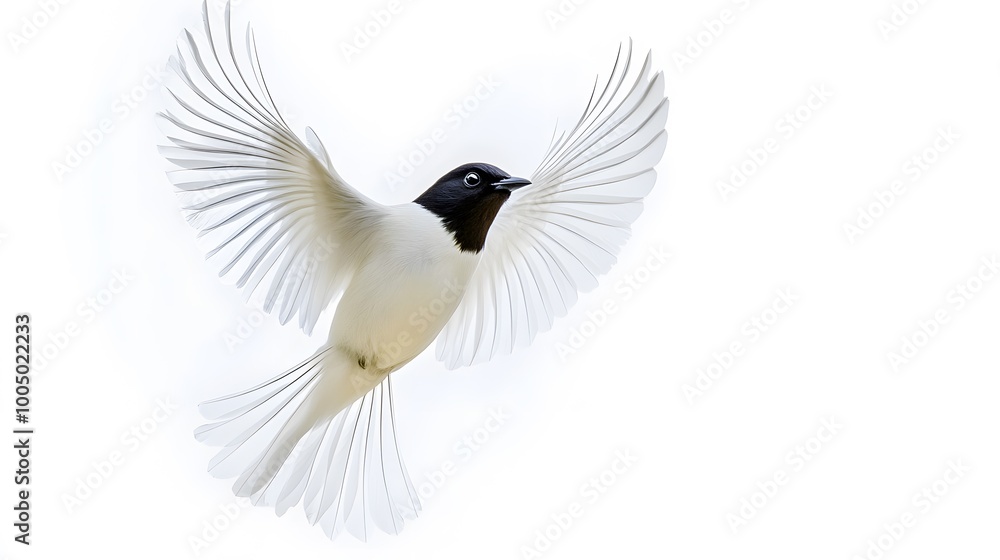 Fototapeta premium Bare-throated Bellbird Flying on White Background, Photo Realistic, Wallpaper, Cover and Screen for Smartphone, PC, Laptop, 9:16 and 16:9 Format