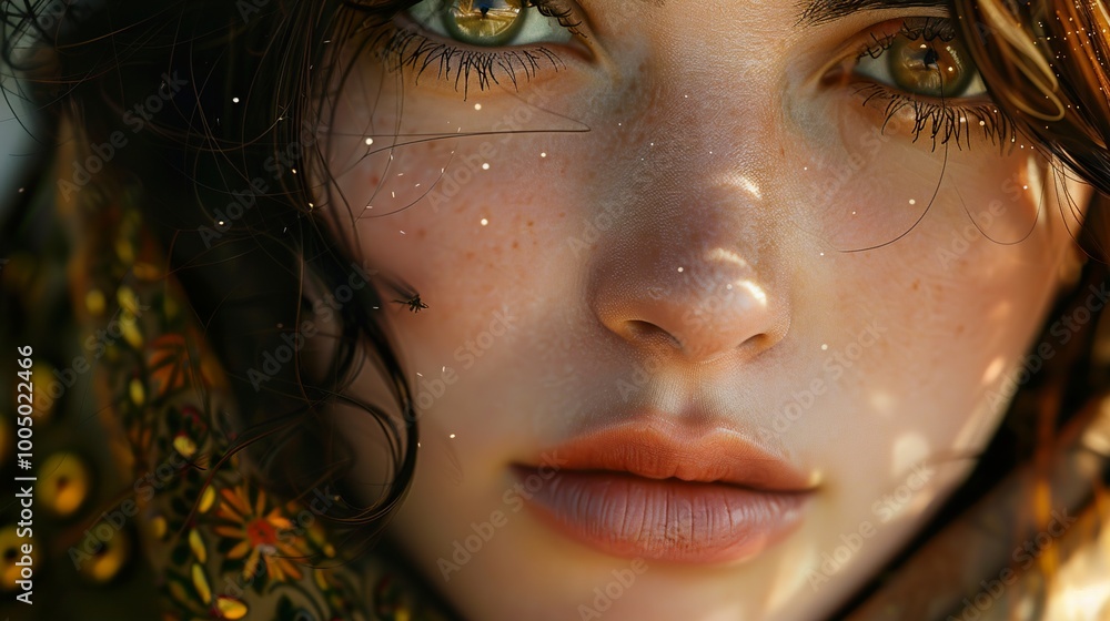 Close-Up Portrait of a Woman with Green Eyes and Freckles Close-Up Portrait of a Woman with Green Eyes and Freckles
