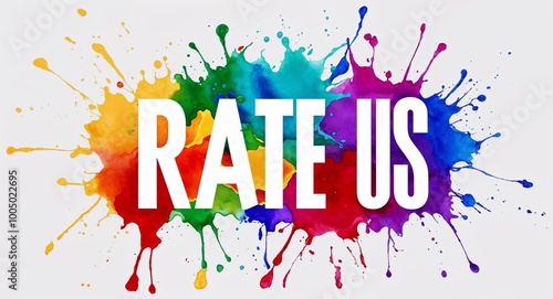 Rate Us word lettering on colorful paint watercolor splash on plain white background