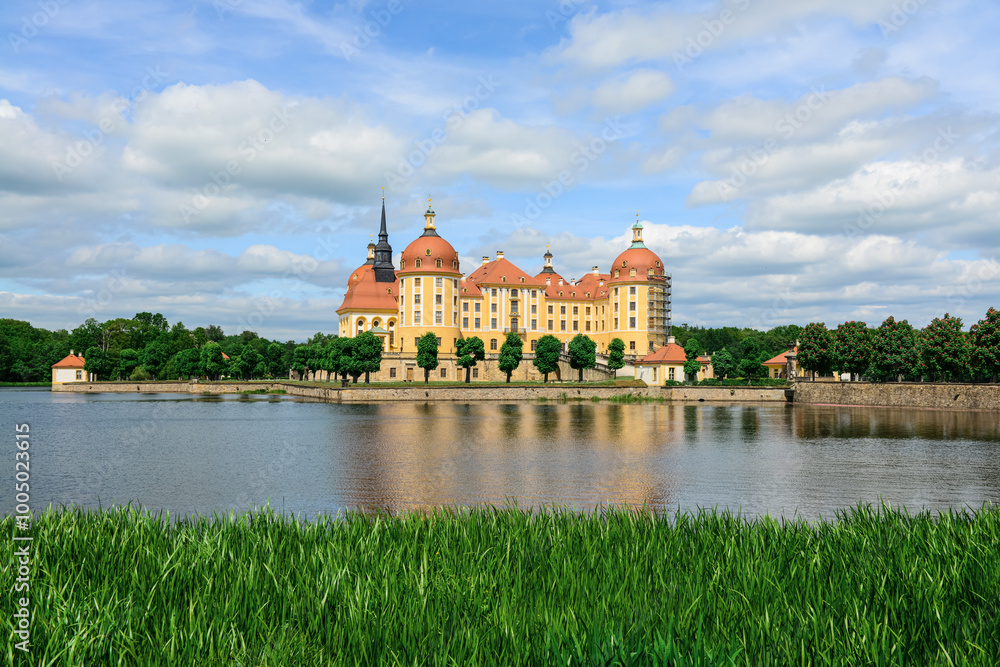 View of beautiful Moritzburg Castle with pond in Germany View of beautiful Moritzburg Castle with pond in Germany