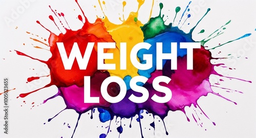 weight loss word lettering on colorful paint watercolor splash on plain white background