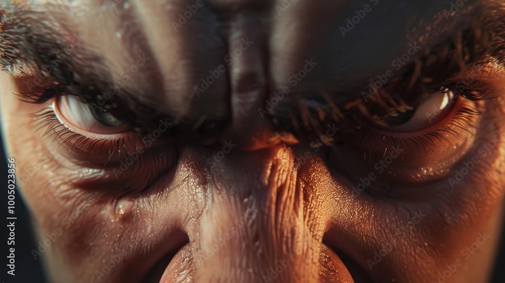 A close-up of a person displaying anger, with furrowed brows and tense jaw muscles.