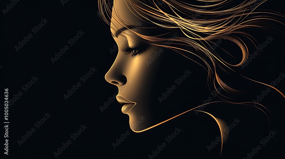 Naklejka premium Mysterious Woman Profile Silhouette with Golden Glow, Abstract Portrait Art