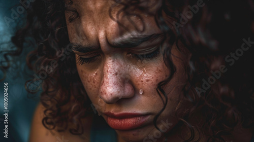 A close-up of a person with tears streaming down their face, expressing deep sadness or relief.