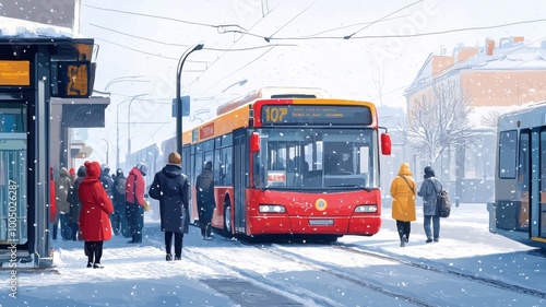 A vibrant red bus stops at a snowy station with passengers waiting on a cold winter day.