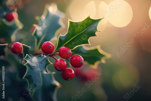 Close-up of Holly Berries and Leaves with a Soft, Golden Background photo