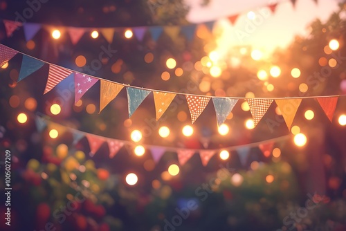 Fototapeta Naklejka Na Ścianę i Meble -  Colorful bunting flags hanging on blurred natural background. Summer or autumn festival or birthday celebration concept. Party, event, picnic in park. Backdrop for design with copy space