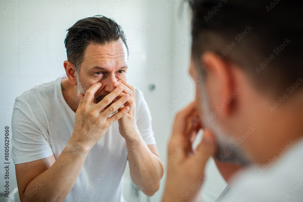 Man applying skincare in bathroom mirror morning routine self care Man applying skincare in bathroom mirror morning routine self care
