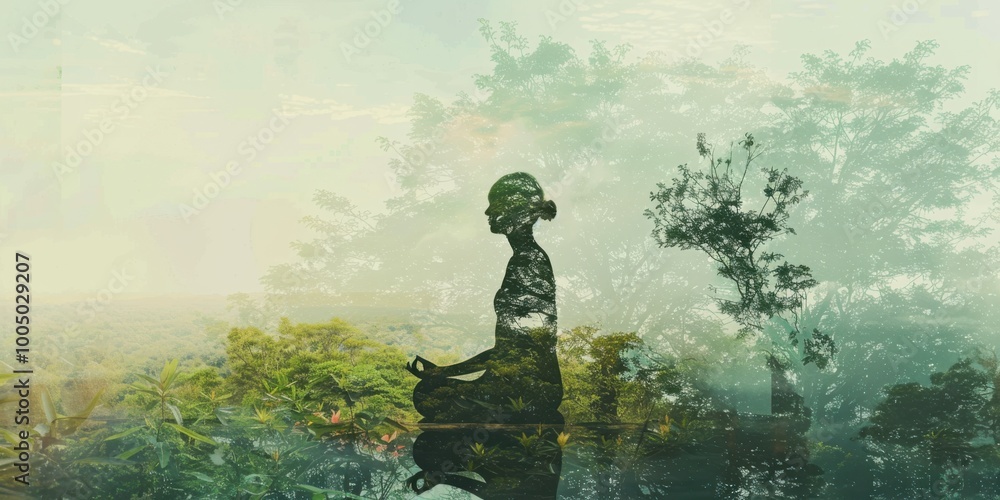 Fototapeta premium A double exposure image of a person meditating, with a serene natural landscape superimposed,