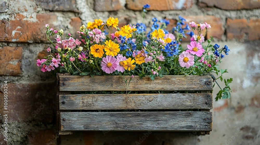 A wooden crate with a colorful flower arrangement in it A wooden crate with a colorful flower arrangement in it