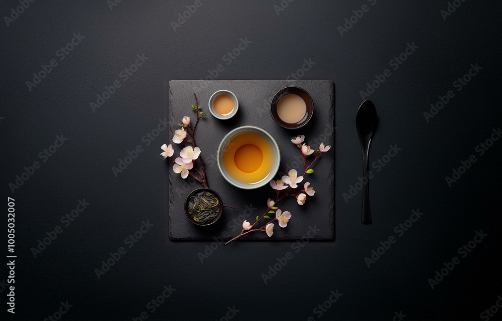 Obraz premium A black slate serving board with three cups, dried tea leaves, and a sprig of pink blossoms on a dark background.