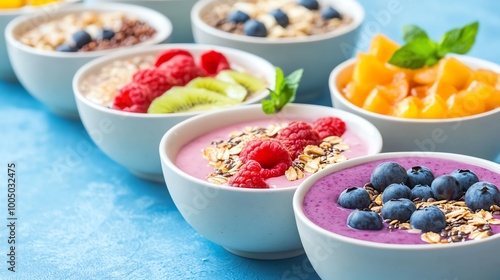 Colorful smoothie bowls with fresh fruits and oats on a blue background.