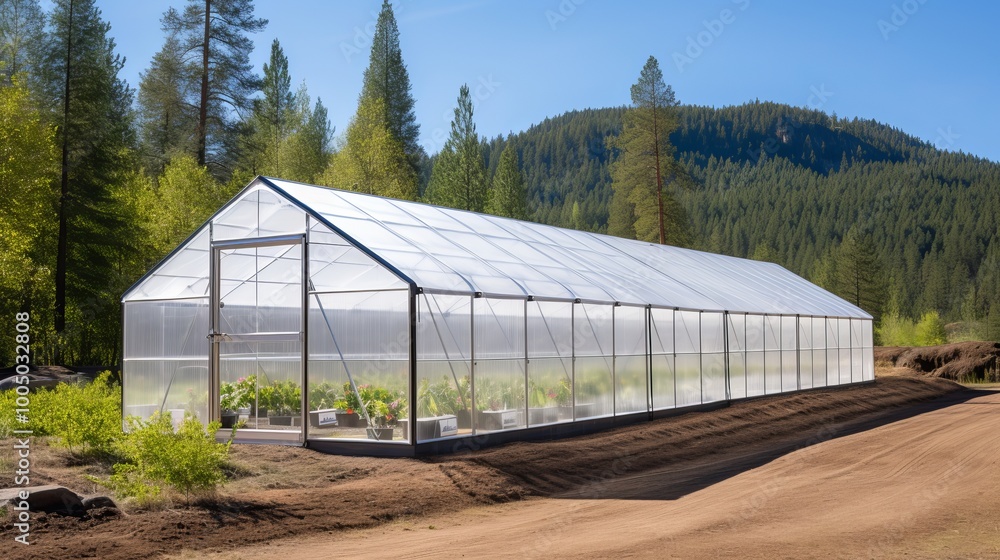 A modern greenhouse surrounded by trees in a rural setting during the daytime A modern greenhouse surrounded by trees in a rural setting during the daytime