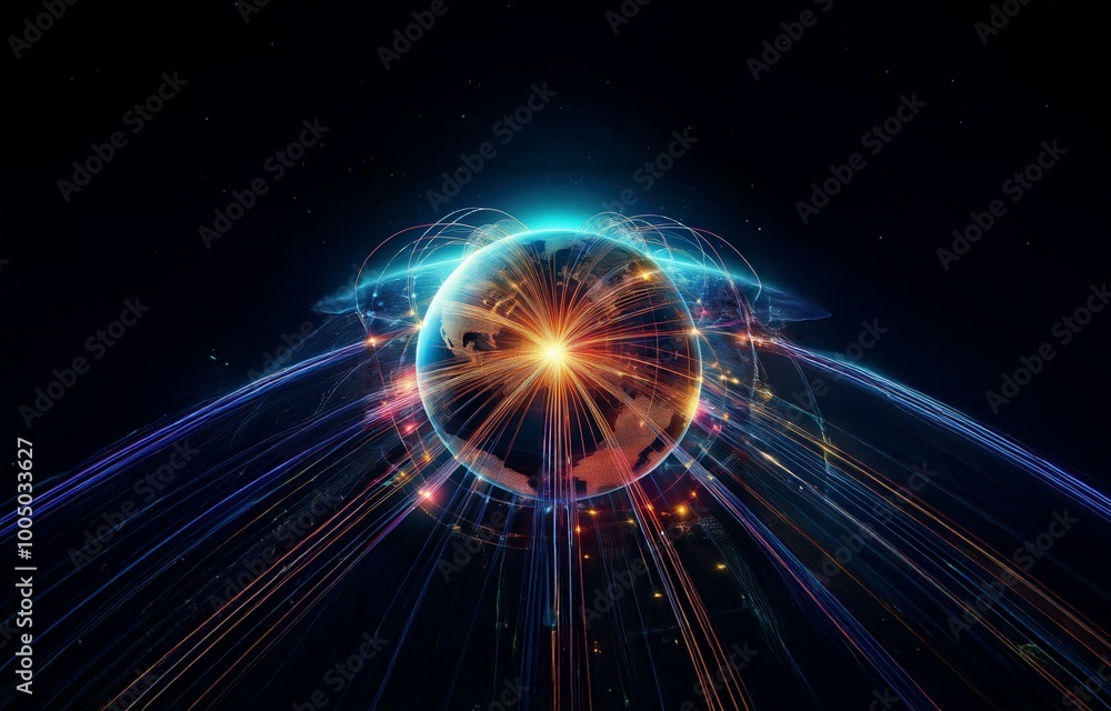 Fototapeta premium A glowing, digitally rendered globe with bright lines emanating from its surface against a black background.