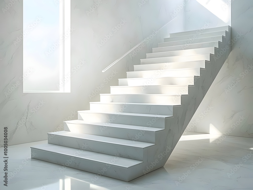 Modern white marble staircase with natural light streaming in, creating a minimalist and elegant design. Modern white marble staircase with natural light streaming in, creating a minimalist and elegant design.