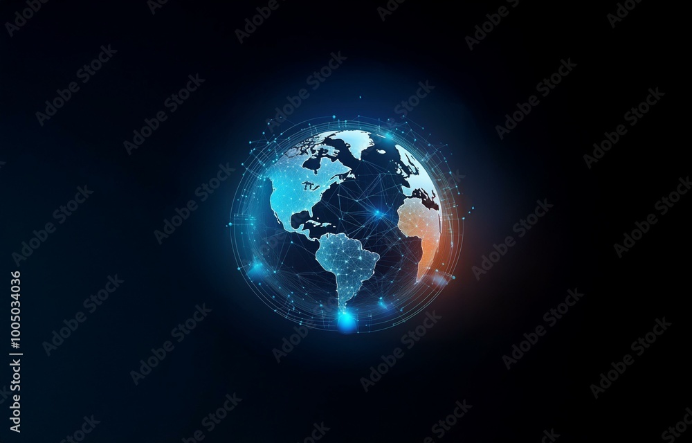 A digital rendering of a glowing earth with a network of lines and dots. A digital rendering of a glowing earth with a network of lines and dots.