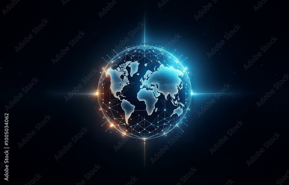 A glowing globe with a network of lines and nodes against a dark blue background. A glowing globe with a network of lines and nodes against a dark blue background.