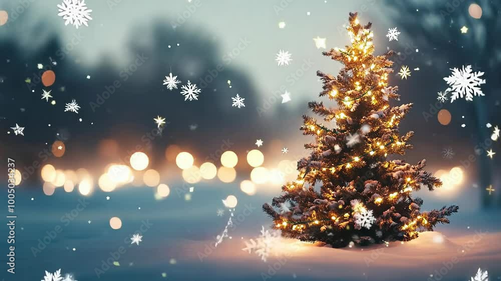 Beautiful Christmas Tree with Falling Snowflakes in Winter Night Beautiful Christmas Tree with Falling Snowflakes in Winter Night