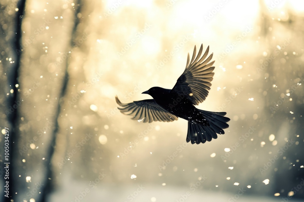 Obraz premium Silhouette of a Bird Flying Through Snowfall