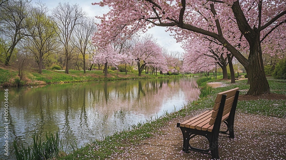 A bench sits by a river with cherry blossoms in the background A bench sits by a river with cherry blossoms in the background