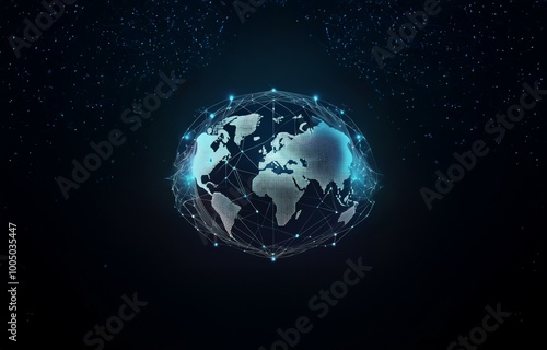 A stylized, glowing globe with a connected network of dots and lines, set against a dark background with light blue particles.