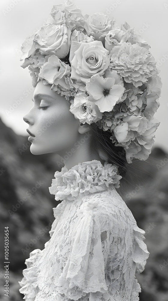 Ethereal Elegance: Woman in Floral Crown with Lace Gown, Vintage Aesthetic in Monochrome Ethereal Elegance: Woman in Floral Crown with Lace Gown, Vintage Aesthetic in Monochrome