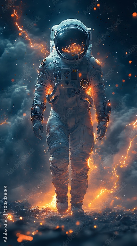 Fototapeta premium Astronaut on a fiery planet, digital art illustration, science fiction, space exploration