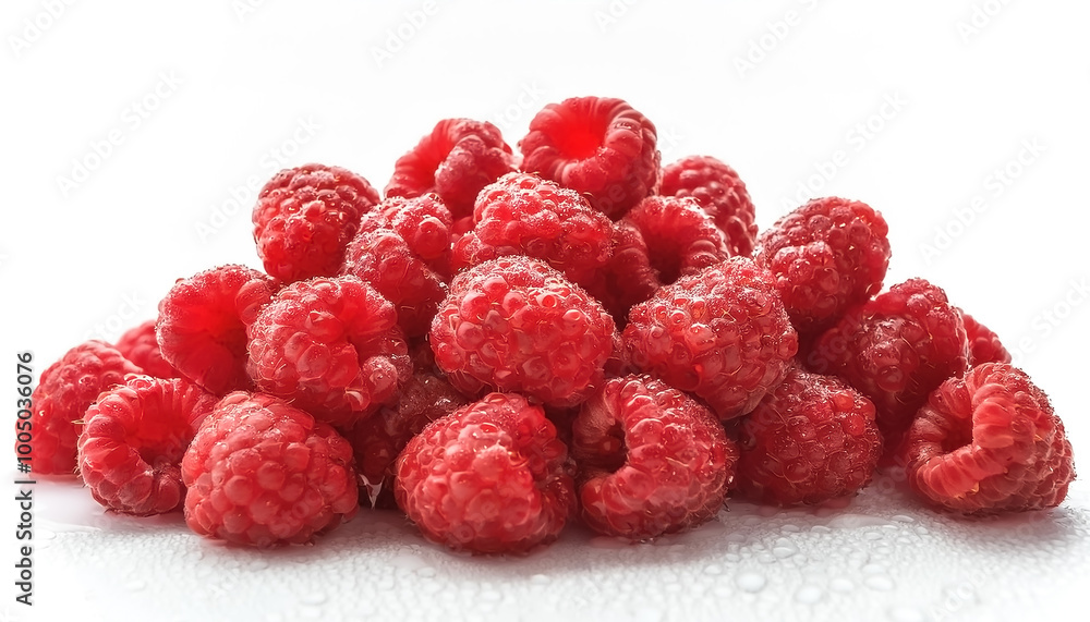 Fresh raspberries in a pile with water drops on a white background Fresh raspberries in a pile with water drops on a white background