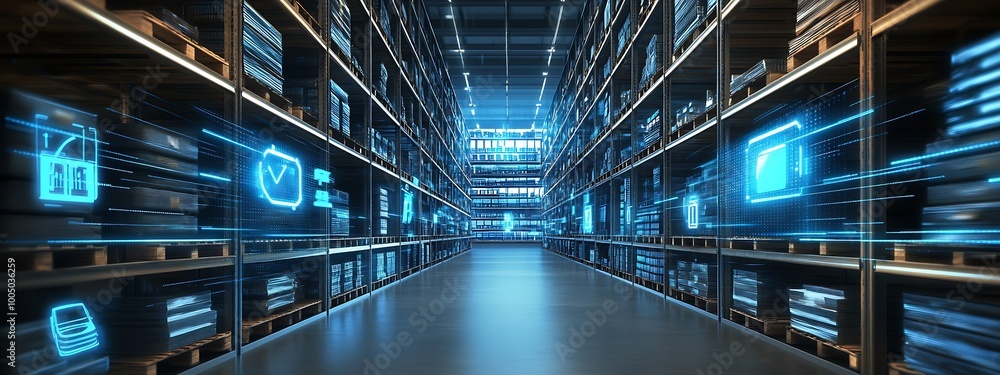 A futuristic warehouse corridor illuminated with blue digital data projections : Generative AI A futuristic warehouse corridor illuminated with blue digital data projections : Generative AI