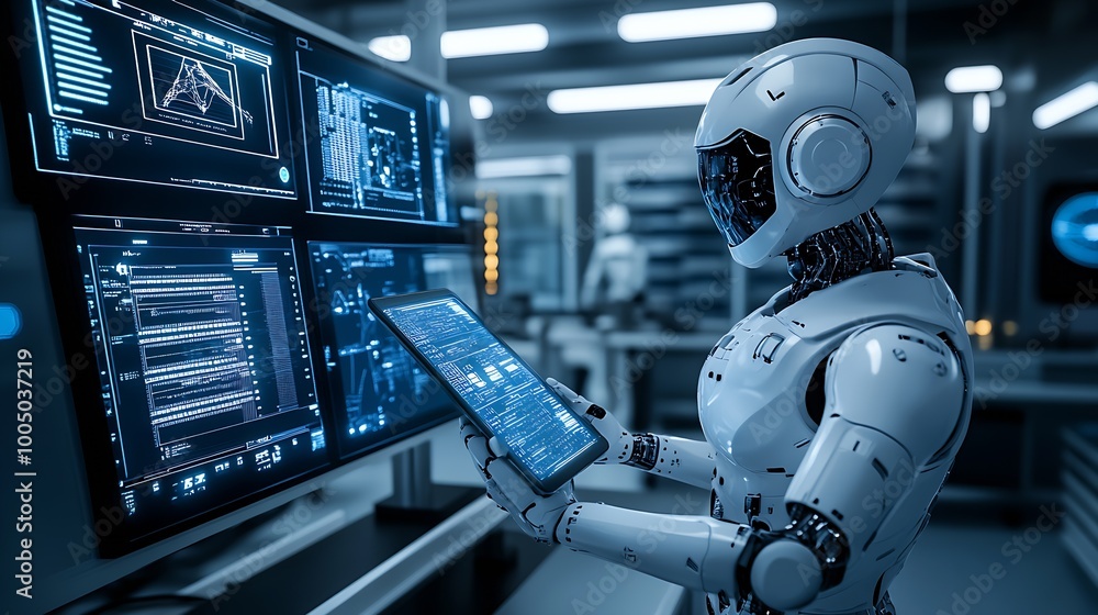 The robot works with a laptop. : Generative AI The robot works with a laptop. : Generative AI