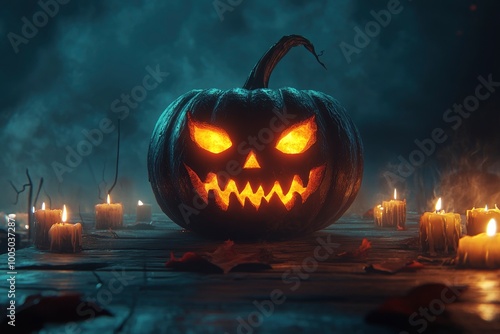 Jack O 'Lantern with glowing eyes on a wooden table with candles around it on a spooky Halloween night under the light of a full moon - generative ai photo