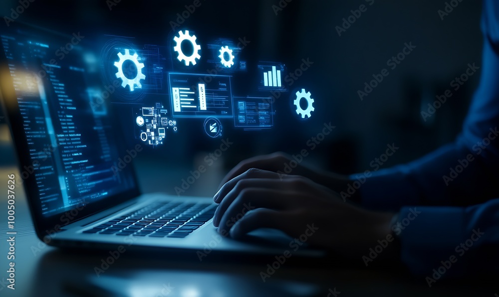 A business professional using a laptop with digital icons : Generative AI A business professional using a laptop with digital icons : Generative AI