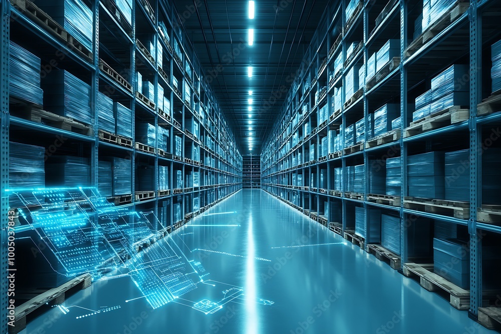 Fototapeta premium a warehouse fulfillment center with technology overlayed in glowing blue : Generative AI