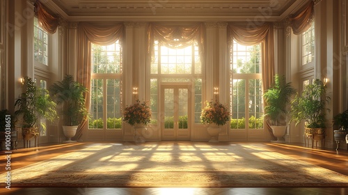 Sun shining through large windows in a grand mansion foyer with plants, carpet, and classic architecture